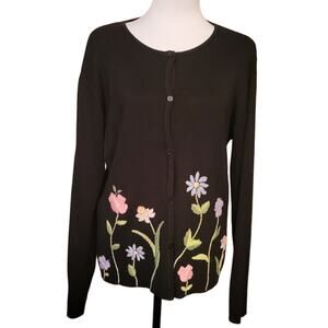 Crystal-Kobe Black Embroidered‎ Floral Granny Cottage Core Cardigan Sweater - L